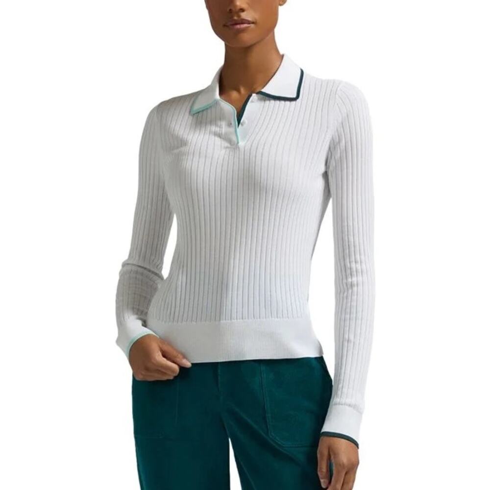 G/FORE Long Sleeve Textured Rib Knit Golf Polo Shirt Contrast Trim White